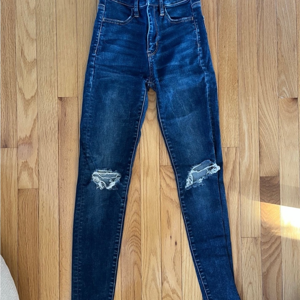 American Eagle Outfitters Blue Skinny Jeans with Distressed Details